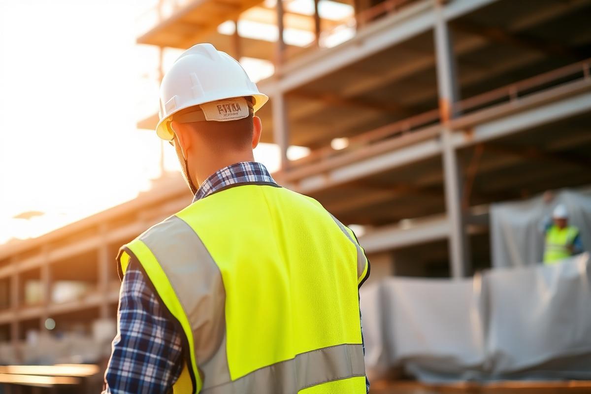 Trabalhador com capacete branco e colete refletivo em obra na Austrália