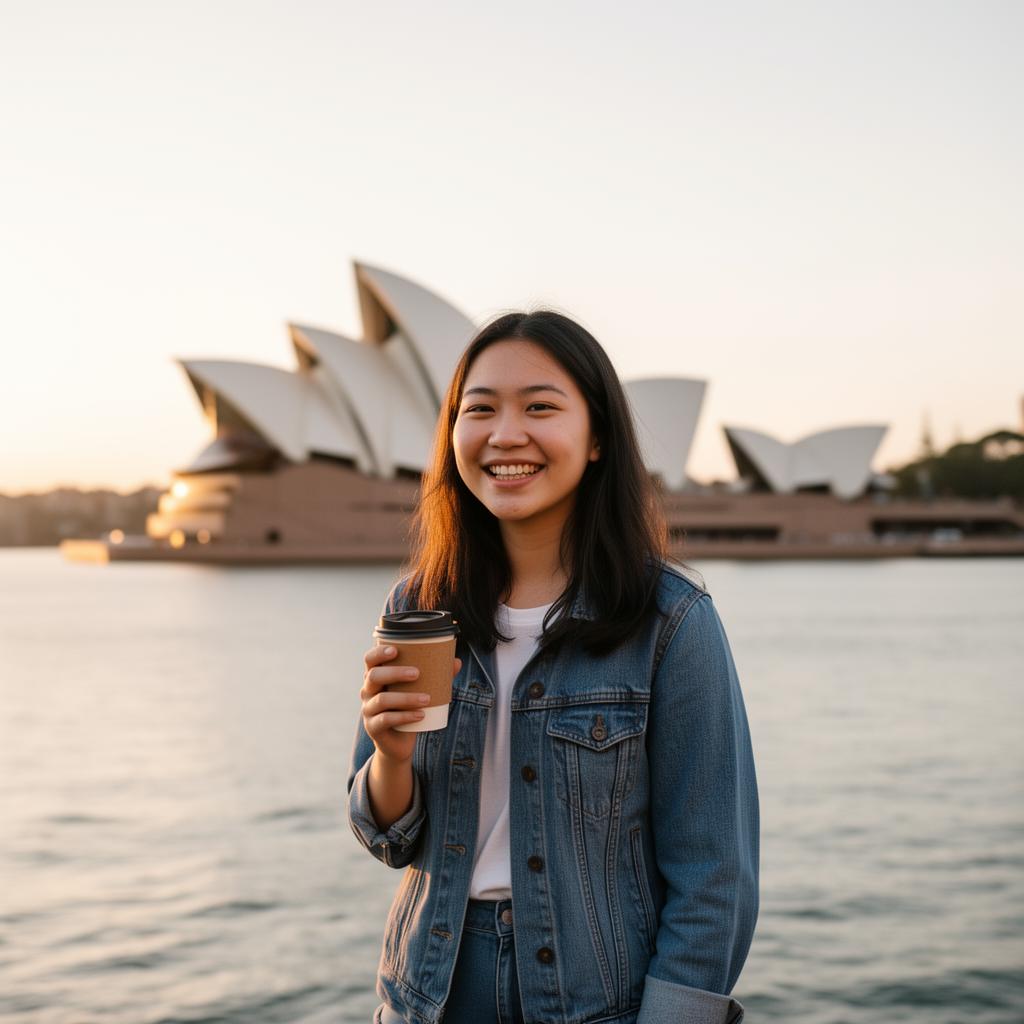 Estudante internacional em rua ensolarada de cidade australiana com café e laptop