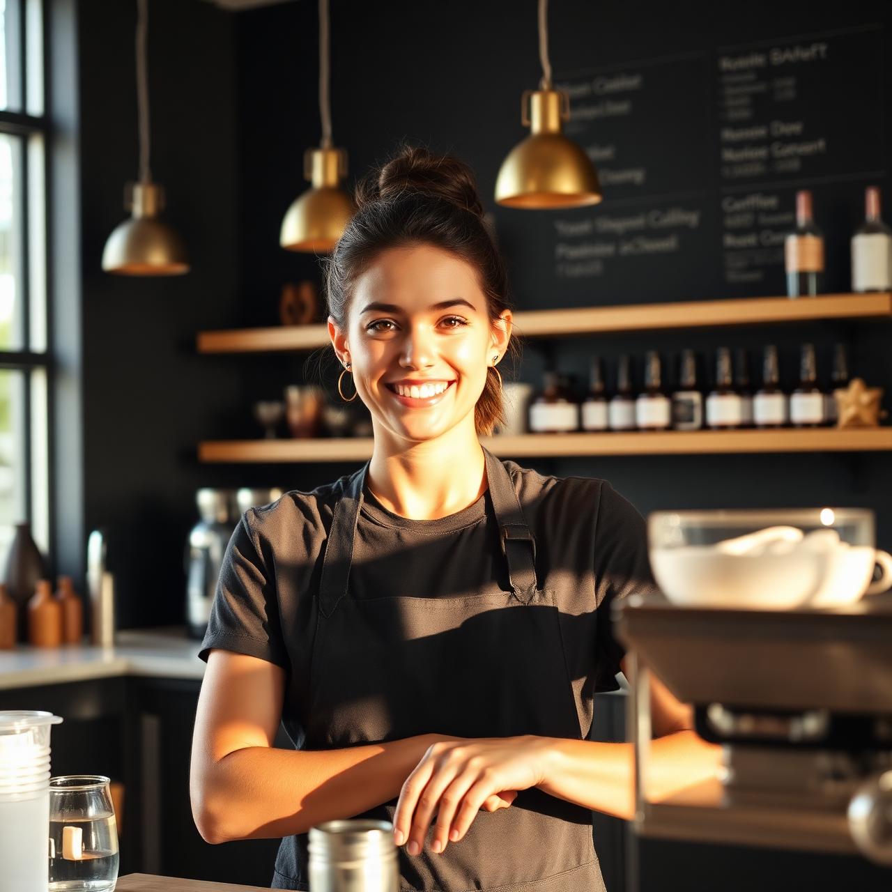 Barista sorridente trabalhando em café moderno em Melbourne