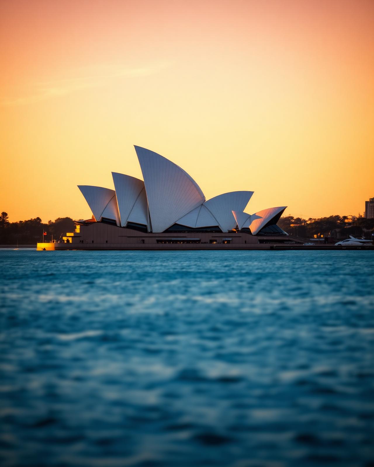 Sydney Opera House ao entardecer com céu dourado