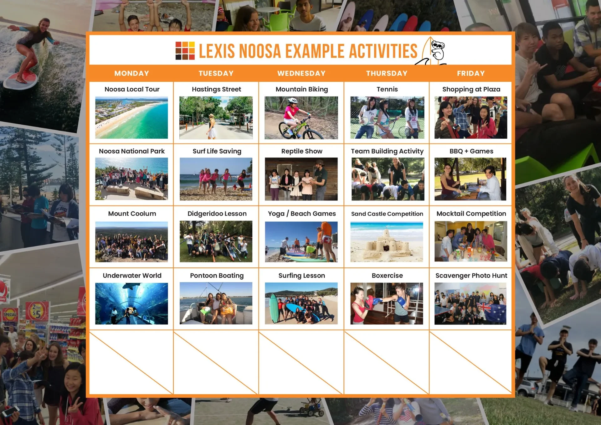 Calendário de atividades semanais da Lexis Juniors em Noosa
