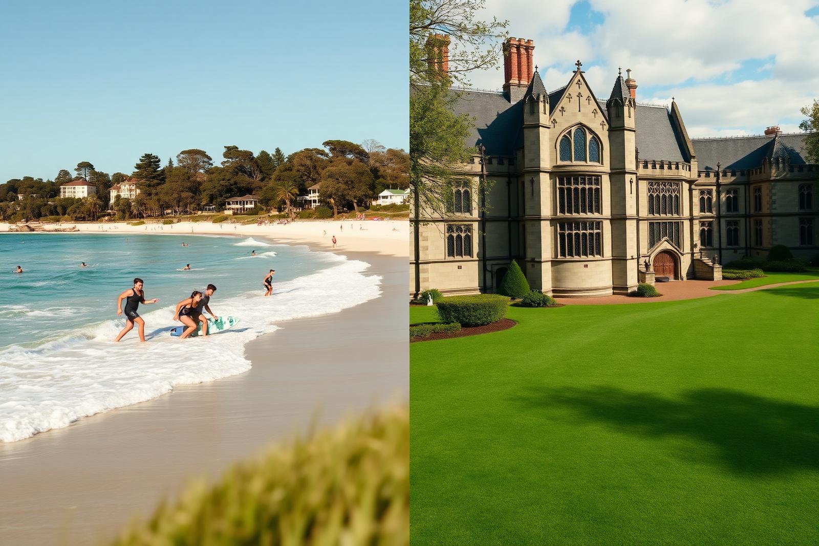Comparativo visual entre Summer Camp Austrália com praia e natureza e Summer Camp Inglaterra com campus tradicional e história