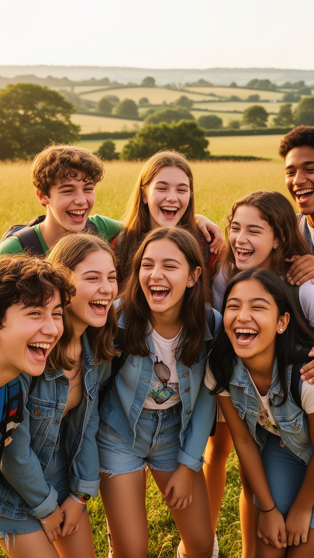 Grupo de adolescentes internacionais sorrindo juntos no campus de verão